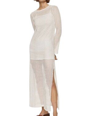 MNG Mango Open Knit Crochet Mesh Maxi Dress Side Slits White 6 NWT